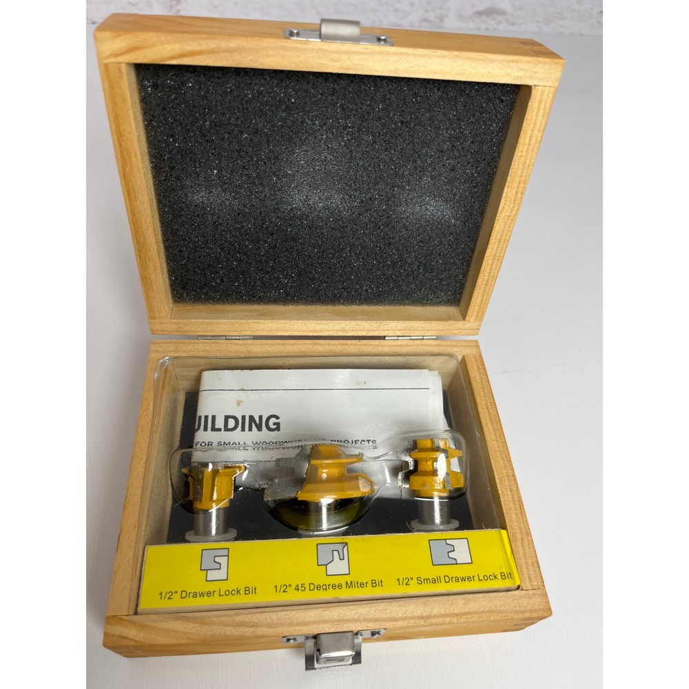 3 Piece Router Bit Set 1/2 Inch Shank Drawer Lock 45 Degree Miter Wood Case